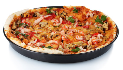 Delicious pizza with seafood on plate isolated on white