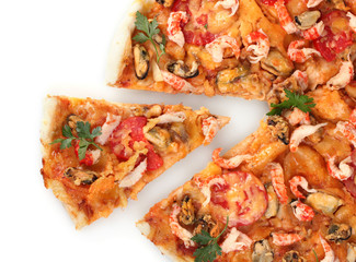 Delicious pizza with seafood  isolated on white