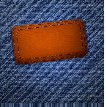 Leather label on jeans background. Vector.