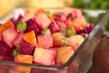 Beetroot salad made of beetroot, potato, carrot, peas