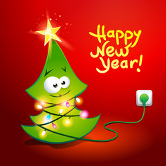 Funny Christmas tree wrapped by a glowing garland. Vector