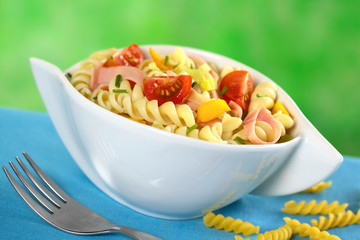 Pasta salad with leek, cherry tomato,bell pepper and ham