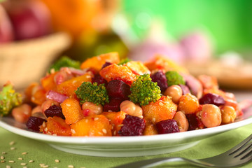 Pumpkin, beetroot, broccoli and chickpea salad