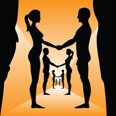 naked man and woman holding hands - silhouette illustration