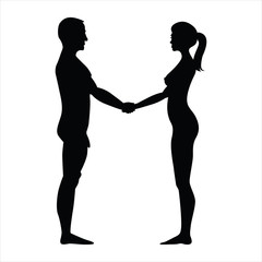 naked man and woman holding hands - silhouette illustration
