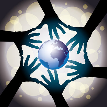 six human cooperative hands around the globe - illustration