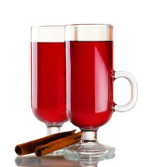 mulled wine in the glasses and cinnamon isolated on white