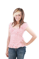 Fototapeta premium Happy smile from pretty teenager school girl with long brown hai