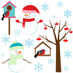 Snowmans, birds, tree, snowflakes and birdhouses - winter set.