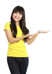 young woman showing a imaginary product