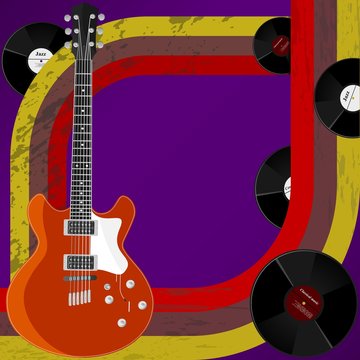 Vector  retro background with his guitar and vinyl records