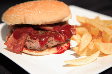 Burger with bacon and fries