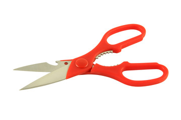 Red plastic handle scissors on white background.