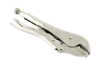 Metal locking plier jaw on white background.