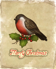 Christmas greeting card with drawing of bullfinch