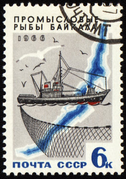 Fishing ship on Lake Baikal on post stamp