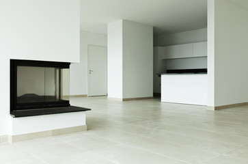 living room, view fireplace and kitchen