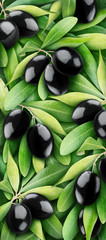 Naklejki  Czarne oliwki nad gałązkami zielonych liści, pionowe naturalne tło