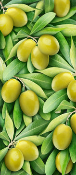Green olives over leaves, vertical natural background
