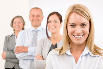 Business team happy standing in line portrait