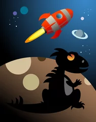 Papier Peint photo Lavable Cosmos Dino et Rocket dans l& 39 espace, illustration vectorielle