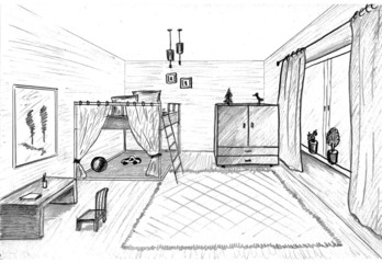Children's room graphical sketch of an interior