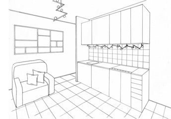 Graphic sketch,  kitchen room