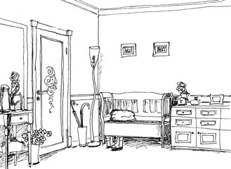 Fototapeta premium Graphical sketch of an interior vestibule, hall, liner
