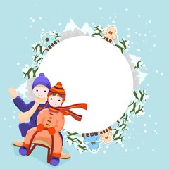 winter background with children riding sleigh