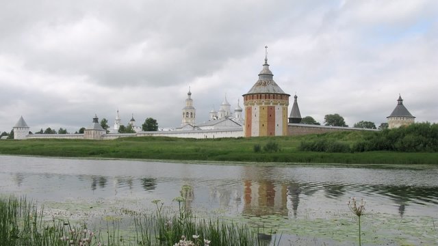 Calm river in front of Spaso Prilutskij monastery, time lapse