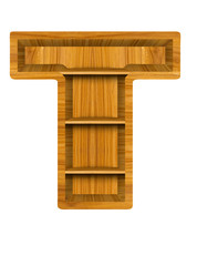 Wooden alphabet letter with shelf on white background,T