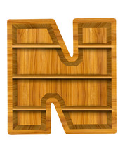 Wooden alphabet letter with shelf on white background,N