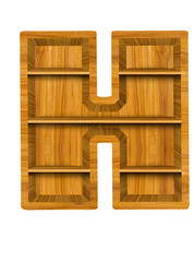 Wooden alphabet letter with shelf on white background,H