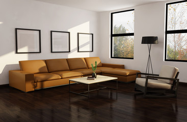 Modern autumn interior living room, wood floor trees view