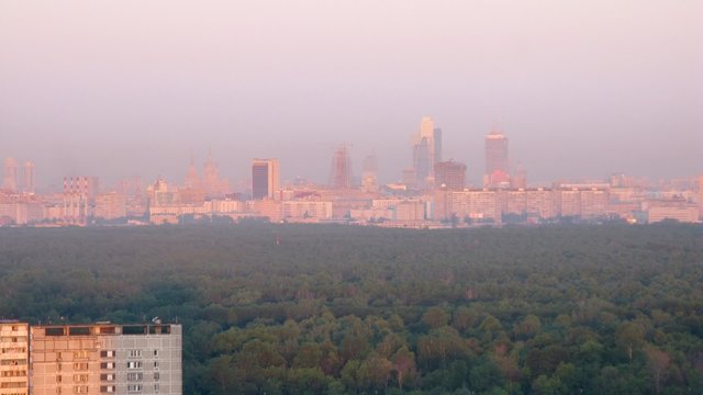 Sokolniki Park in early morning, view from roof, time lapse