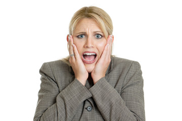 Shocked business woman isolated on a white background