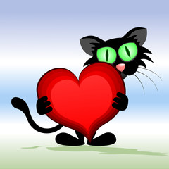 Cartoon cat with a red heart in its claws.