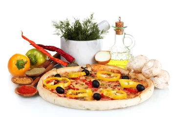 Zelfklevend Fotobehang delicious pizza, vegetables, spices and oil isolated on white © Africa Studio