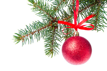 Obraz na płótnie Canvas red christmas ball hanging from tree