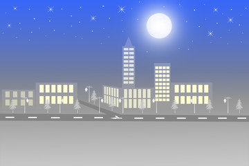 Naklejka premium Night scenery of city with moon