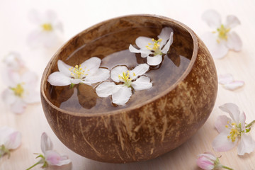 white flowers in bowl for spa