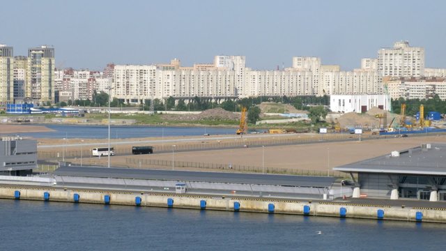 Boats pass in front of Saint Petersburg city, time lapse