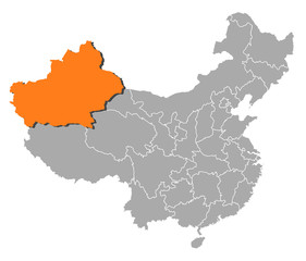 Map of China, Xinjiang highlighted