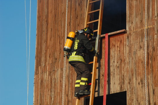Firefighters training in their fire station in Italy