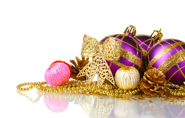 beautiful purple Christmas balls and cones isolated on white