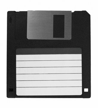 Magnetic floppy disc with label on white background