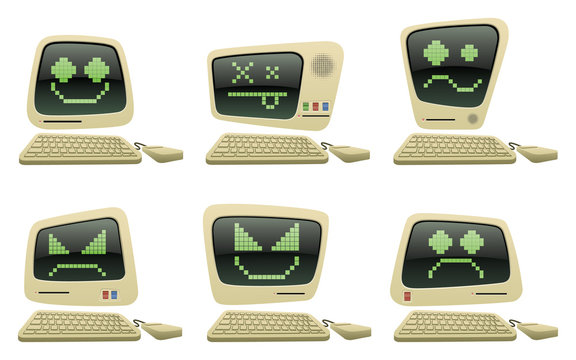 Retro Computer Icon Set with Faces