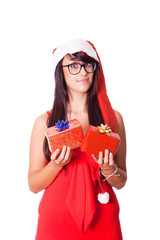 Woman with Santa Hat and Christmas Gift