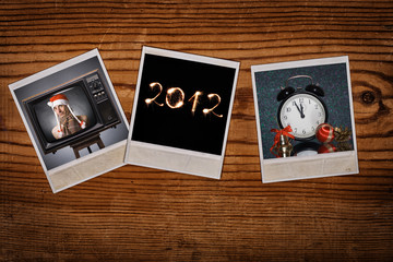 instant photos with new year pictures on antique backdrop