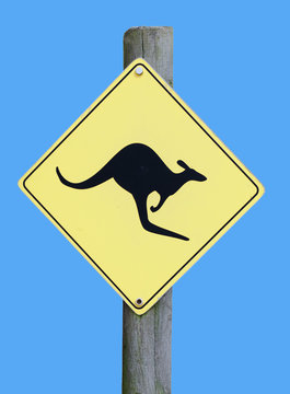 kangaroo road sign on blue sky background